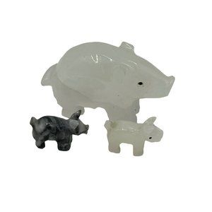 Lot of 3 Natural Stone Pig Piggies White Gray Heavy Figurines Carved Sculptures